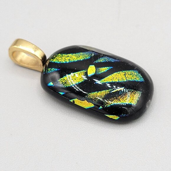 Dichroic Glass Pendant With Gold Tone Bail Shiny Glittery Green Black - Picture 2 of 7